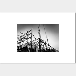 Gritty construction image of steel framing and construction crane Posters and Art